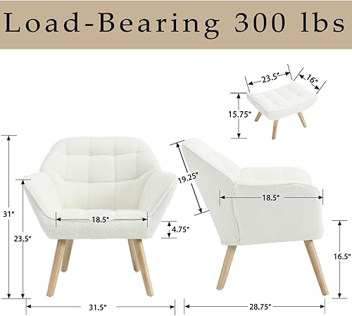 Miniatura 5 de Silla decorativa Sherpa con otomana, moderna silla de descanso con reposapiés, sofá tapizado con patas de madera, cómoda silla de lectura para