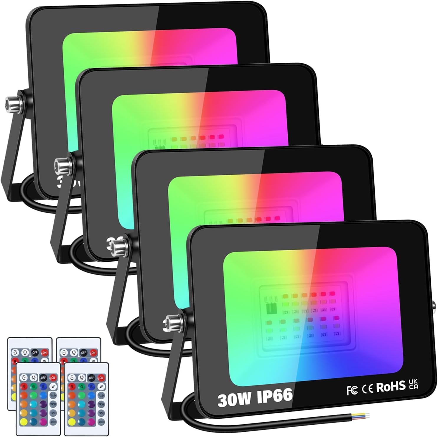LED Flood Light Outdoor 30W 300W Equivalent,RGB Color Changing Floodlight with Remote 16 Colour Changing IP66 Waterproof Control for Garden Party Stage Landscape (4 Pack)