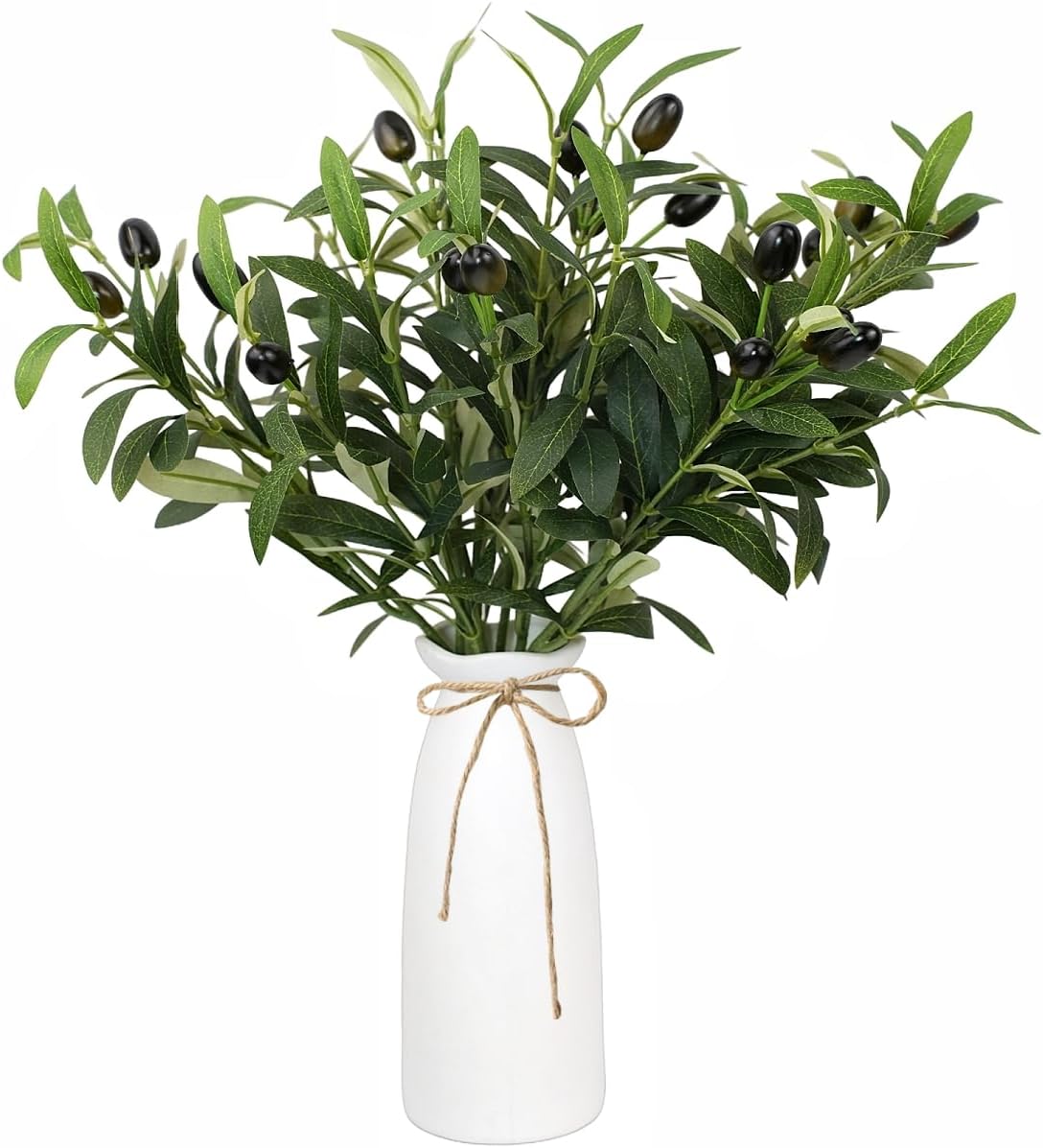 Artificial Plant Olive Branch in Vase, 5PCS Faux Greenery Stems with Ceramic Vase, 16.9" Tall Olive Branches Fake Stem for Home, Office Farmhouse Wedding Arrangement Table Centerpiece Decor