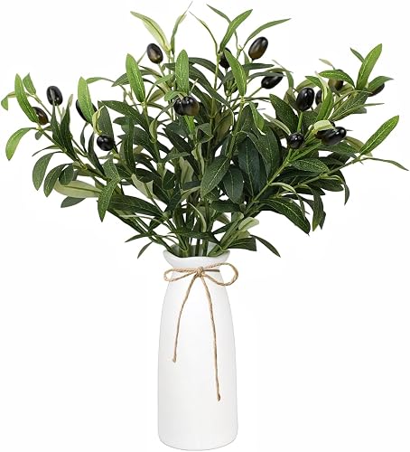 Artificial Plant Olive Branch in Vase, 5PCS Faux Greenery Stems with Ceramic Vase, 16.9" Tall Olive Branches Fake Stem for Home, Office Farmhouse Wedding Arrangement Table Centerpiece Decor