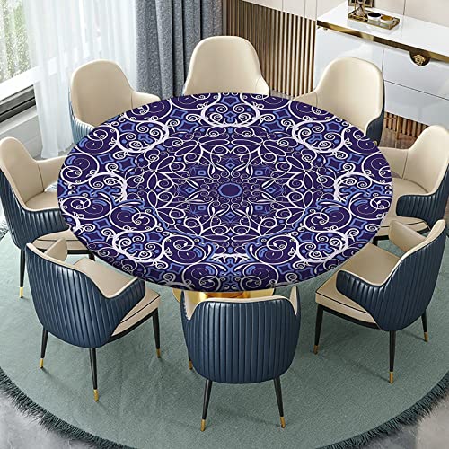 Igoga Sports F36-YXSBZB-D110CM_FBM-04 Navy Blue Kaleidoscope Flowers Fitted Tablecloth Round thumb #1
