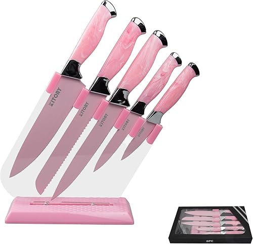 Kitory Juego de cuchillos rosados  Juego de 6 cuchillos de cocina con bloque  Hanlde de mármol, cubiertos culinarios de acero inoxidable con soporte