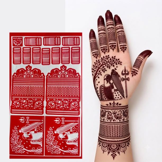 Red menhdi Tattoo Stencils Set, Mehendi Sticker for Hands, Forearm, Airbrush, Tattoo Stencil, Sheets Temporary Stickers for Women and Girls-picture-47