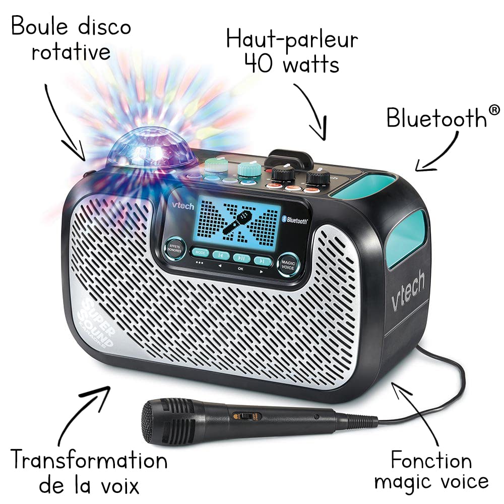 VTech - SuperSound Karaoke, Enceinte Karaoké Enfant avec Micro, Boule Disco Lumineuse Rotative, Bluetooth, Prise Jack pour Casque, Apprentissage du Chant, Cadeau Enfant Dès 5 Ans - Contenu en Français