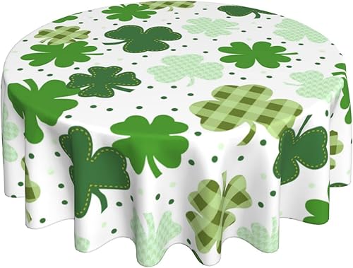 Mantel redondo del Día de San Patricio de 60 pulgadas, mantel a cuadros lavable de poliéster con estampado de trébol para el hogar, cocina, mesa de