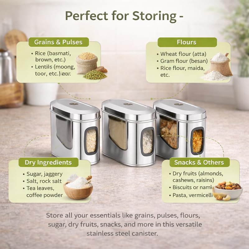 Image of Stainless Steel Capsule Food Canisters /Jars /Containers for Kitchen Storage with See Through Window - set of 3, 1350 ml capacity, 9 cm Diameter, Silver