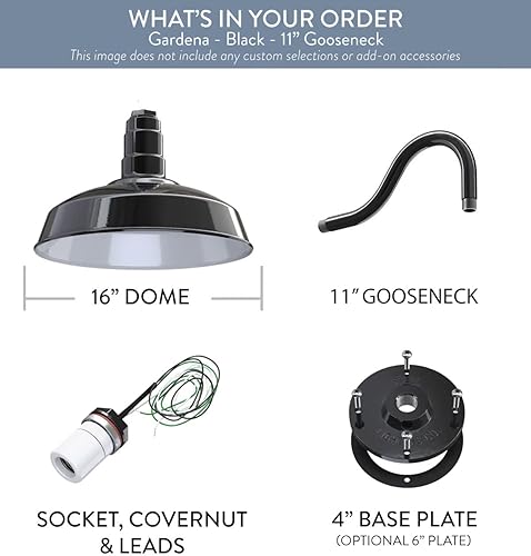 Miniatura 7 de Steel Lighting Co.  Del atardecer al amanecer  Luz de granero Gardena  Montada en la pared al aire libre  Cúpula de 16 pulgadas  Cuello de cisne de