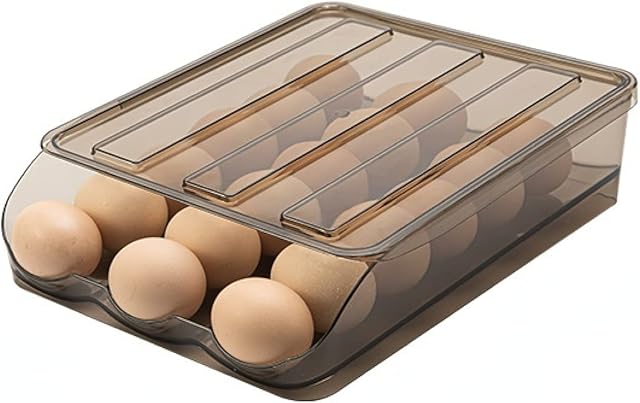MEYYY 1-Tier Egg Holder with Lid Auto Scrolling Fridge Egg Trays Stackable Fridge Organiser for 18 Eggs Basket Kitchen Storage Containers, Transparent Gray
