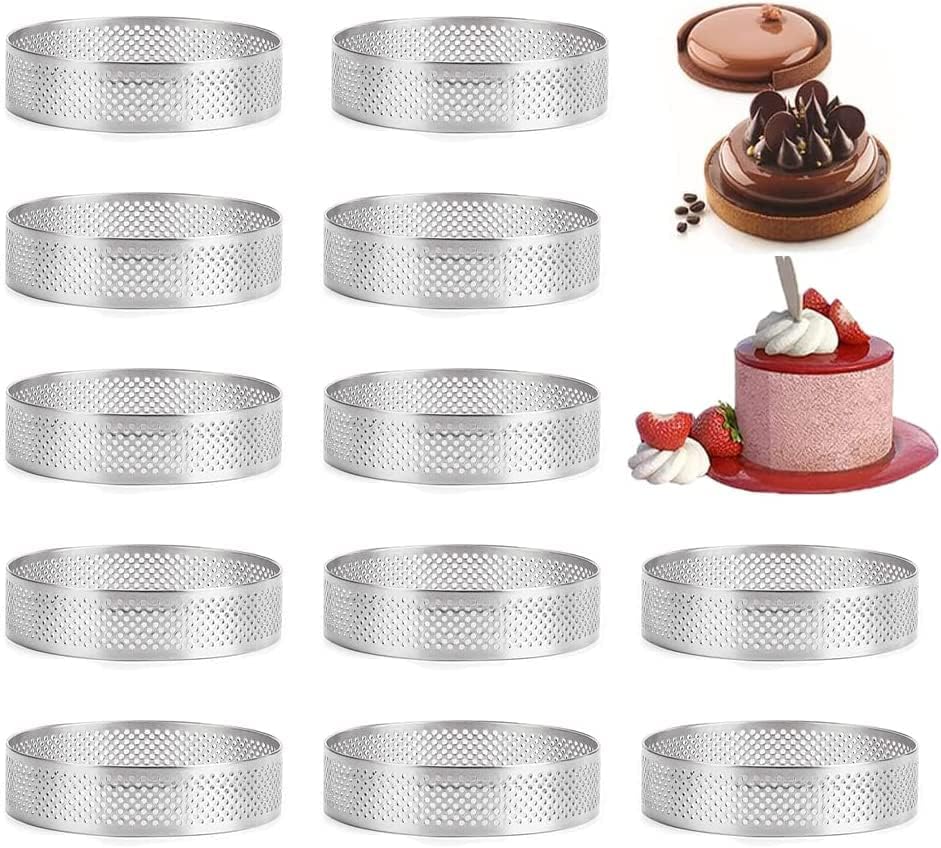 Tagtight 12 Pack Runde Tortenring und Dessertringe, Perforierte Backkuchenringe, Kuchenform Tartelette Förmchen, Mousse Ring, Rund Patisserie Backring, DIY Kuchen Backen Werkzeuge 6 cm