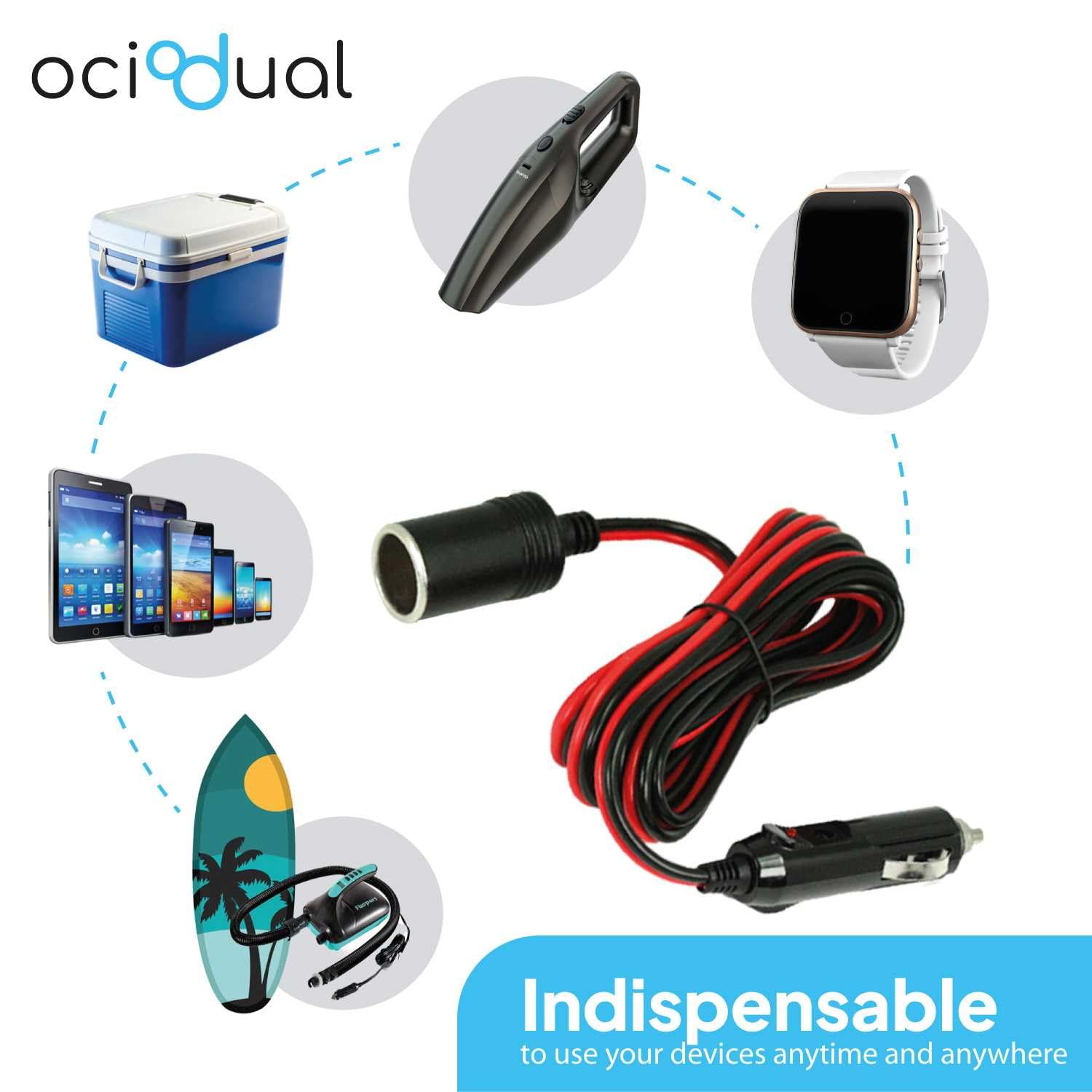 OcioDual Kabel do zapalniczki samochodowej OcioDual 2 m, przedłużacz gniazda 12 V, przedłużacz gniazda zapalniczki, akcesoria samochodowe, przedłużacz kabla zasilającego 12 V/24 V 15 A, gniazdo LED