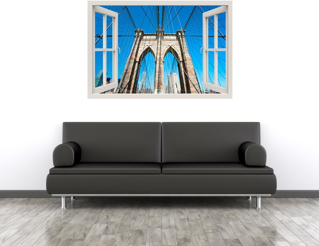 RoyalWallSkins Window Frame Mural View of Brooklyn Bridge - Huge Size - Peel and Stick Fabric Illusion 3D Wall Decal Photo Sticker