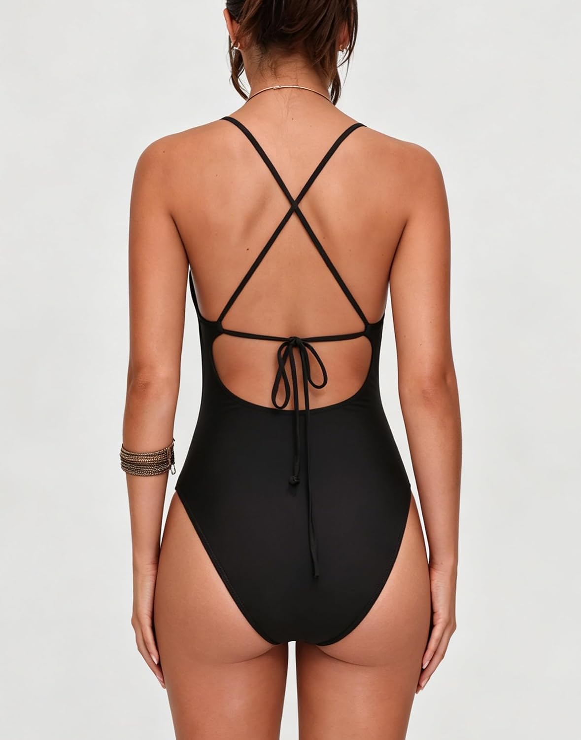 HYPERFIRE Women's Plunge V Neck Bathing Suit Criss Cross Tie Back High Cut Swimsuits One Piece