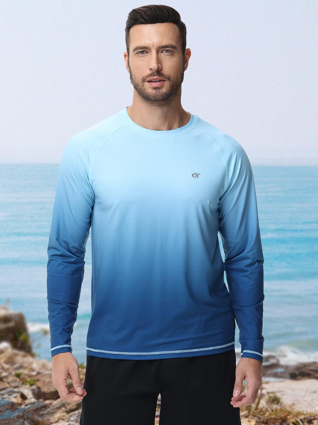 Summer Beach T-Shirt for Men - UPF 50+ Long Sleeve Gradient Rash Guard for Resort & Water Sports