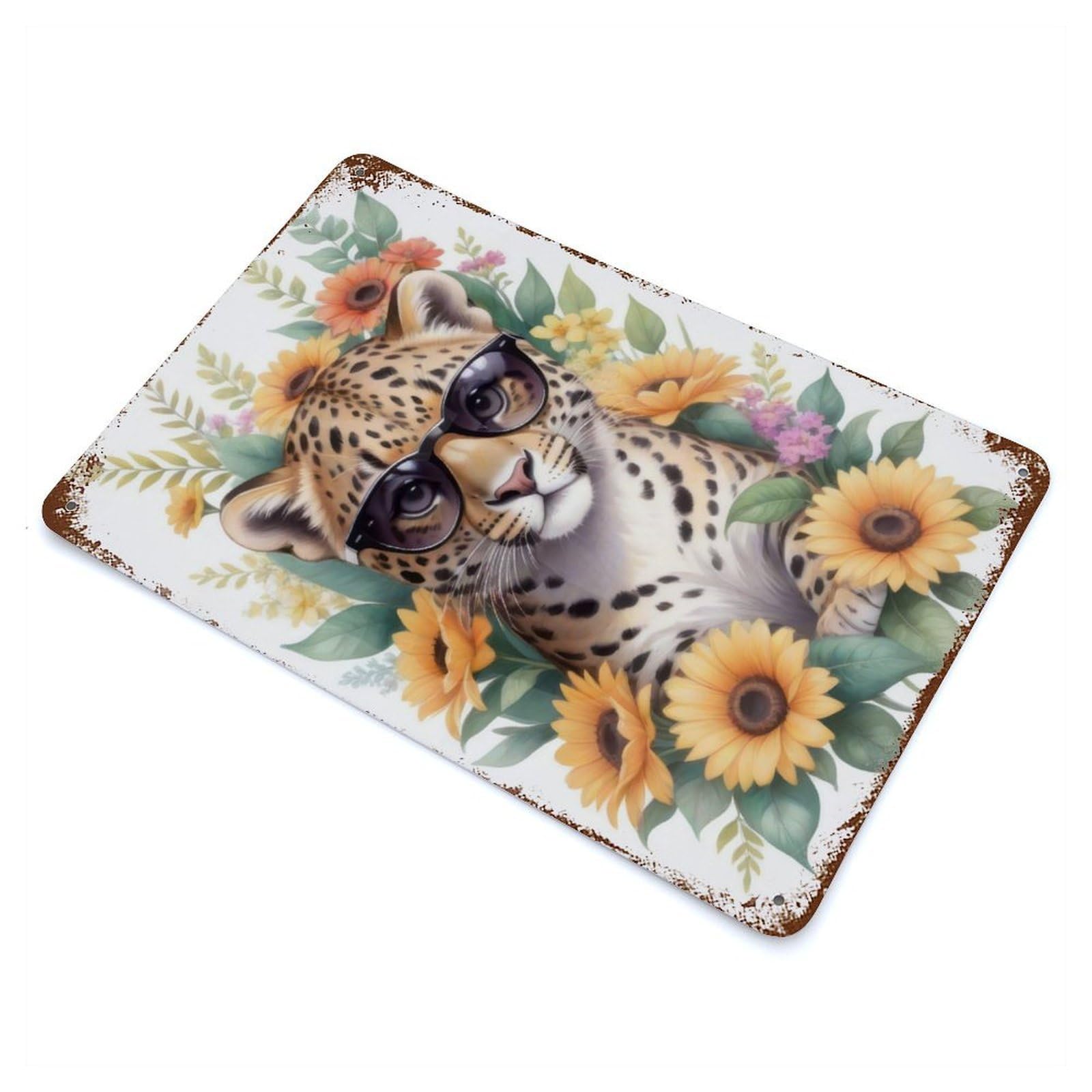 Distressed Metal Wall Sign Cute Watercolor Leopard 11.8"x7.9", Retro Wall Decor for Basement, Hobby Room And Garage Decor
