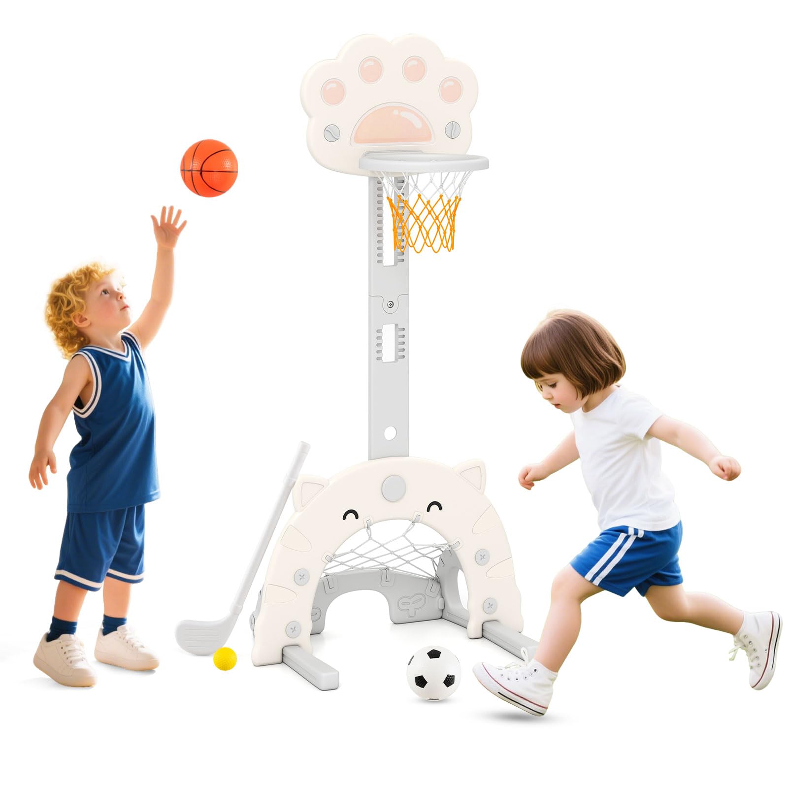 HOMASIS Canasta de Baloncesto Infantil 3 en 1, Altura Ajustable, Soporte de Baloncesto Multifuncional con Fútbol y Golf, Juguete Deportivo para Niños de 3+ Años (Gris + Blanco)