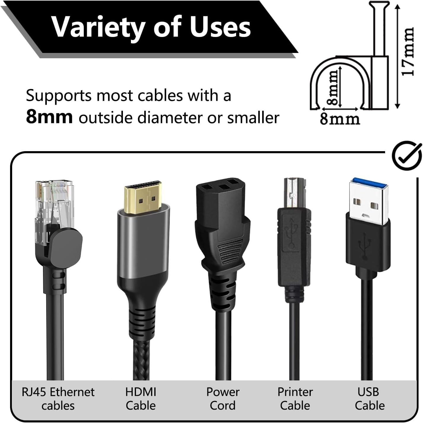 Cable Clips 8mm Nail in Clips for Round Ethernet Cables Wall Clips