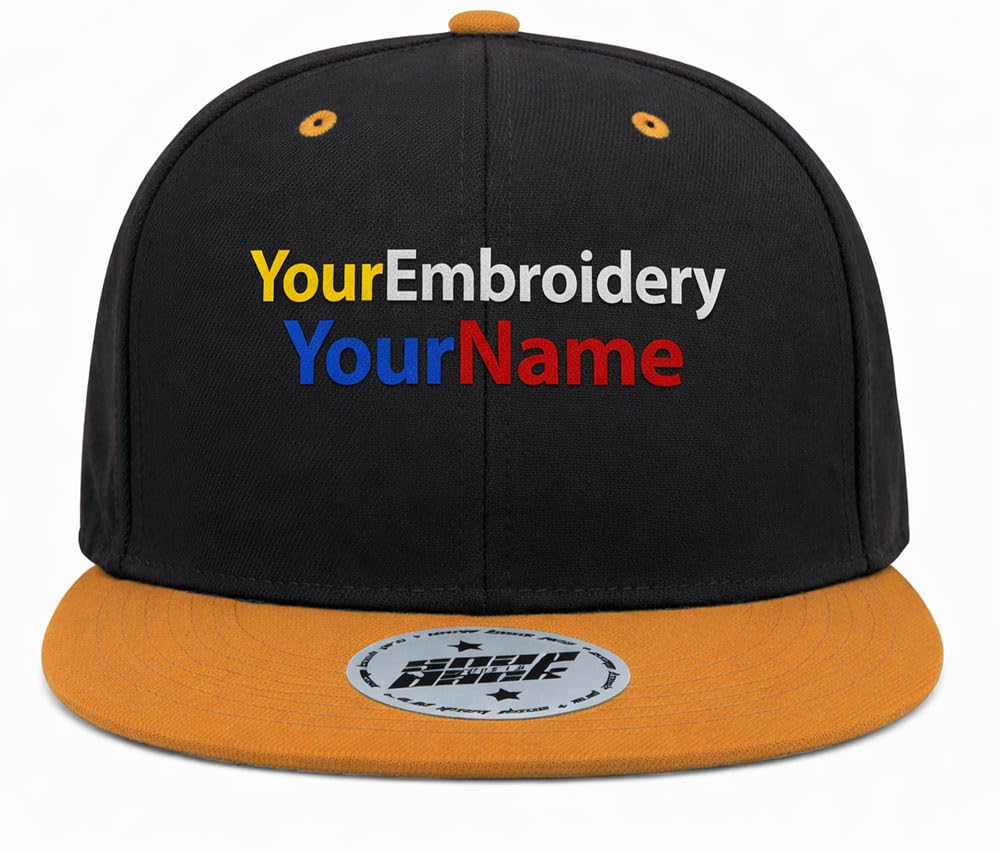 Mfaz Morefaz Ltd Unisex Black-Gold Snapback Cap Flat Peak Personalised Your Own Embroidery Hats Custom Name,Text Embroidered (Black-Gold)