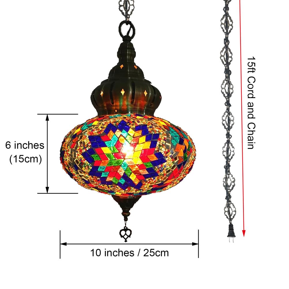 Turecka marokańska lampa wisząca z kablem o długości 4,5 m i łańcuchem, vintage mozaika, lampa sufitowa z wtyczką, do sypialni, salonu, brązowa