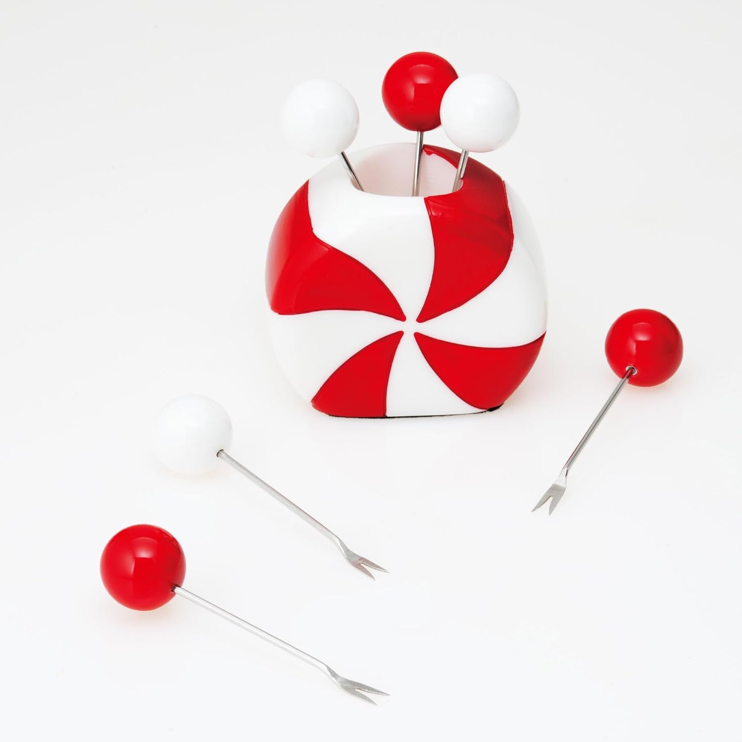Supreme Housewares Peppermint Candy Cocktail Picks Set with Red and White Resin Holder, 6 Pcs Stainless Steel Fruit Toothpicks for Christmas, Holiday Party Table Decor