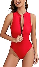 SHEKINI Women's Sporty One Piece Swimsuits High Neck Rash Protection Leotards Zip Swimsuit