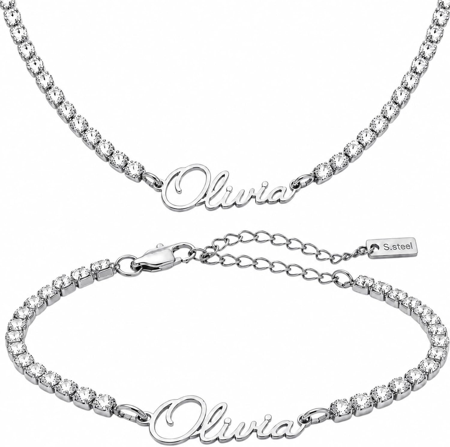 Custom Signature Name Tennis Necklace and Bracelet Set for Women