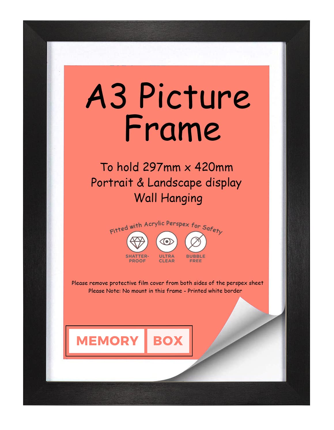 A3 Black Photo Frame, Picture Frame, Document frame, Certificate Frame, Wall Mountable - Black A3 Picture Frames