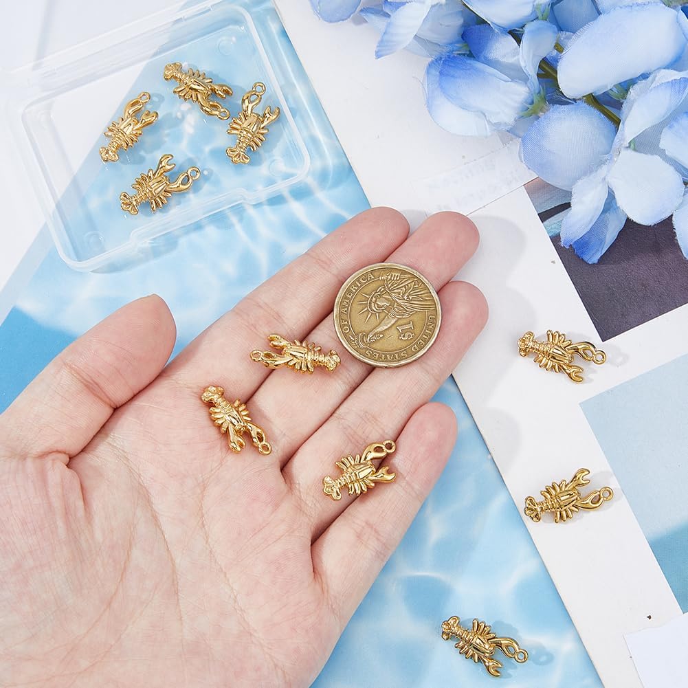 10pcs Lobster Charms 18K Gold Plated Ocean Theme Stainless Steel Charms with Loop Hole Golden Beach Pendants for Jewelry Necklace Bracelets Earrings Making DIY Crafts