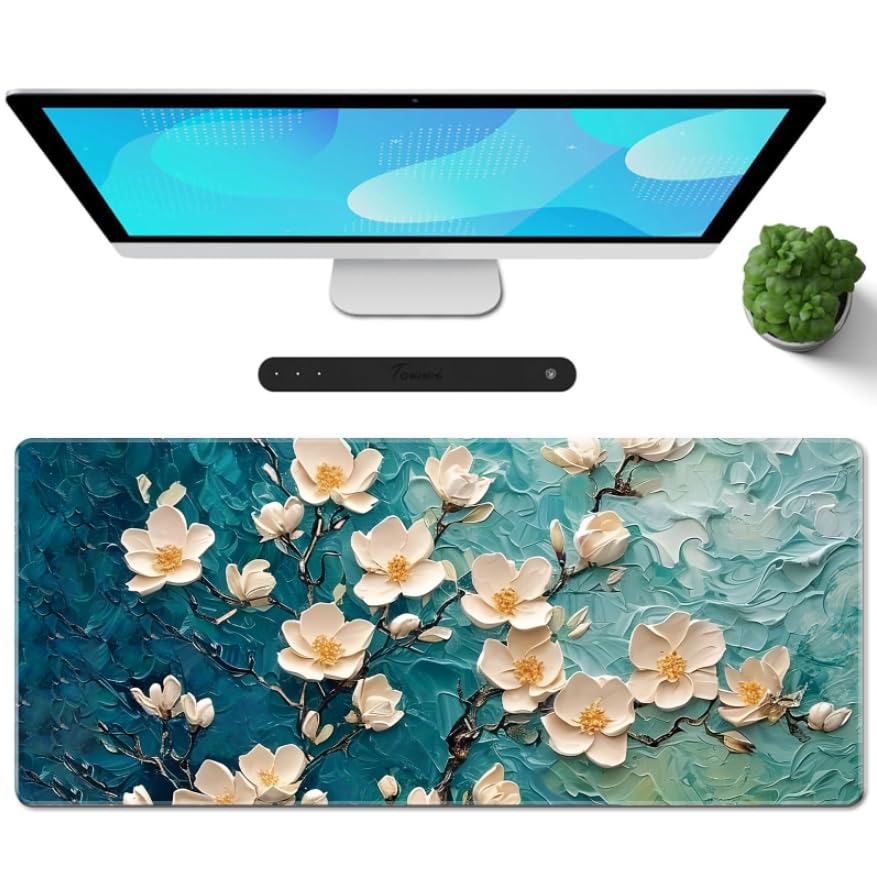 Galdas Gaming Mouse Pad XXL XL Large Long Extended Big Mousepad Non-Slip Rubber Keyboard Desk Pad with Stitched Edges for Laptop Home Office (31.5x11.8x0.08 Inch) … (Painting Flowers)