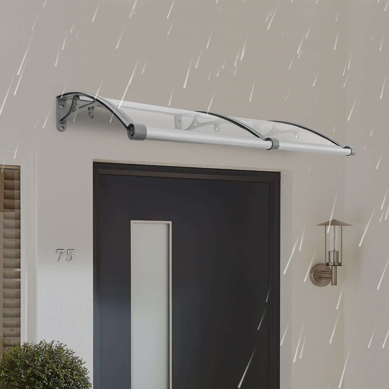 Vordach für Haustür 120 x 60 cm, Aluminium Regenschutz Überdachung Haustür für Balkone Dächer Höfe Garagen Terrassen Veranden (Silber+Transparent)