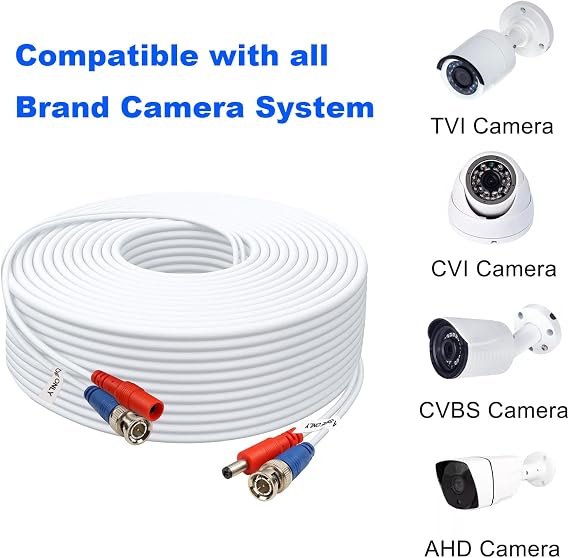 150ft 4 Pack BNC Video Power Cable for CCTV Systems - Includes 8 BNC Adapters & 100 Cable Clips - White