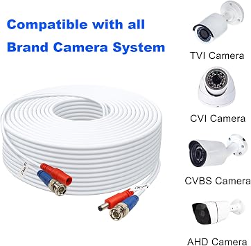 150ft 4 Pack BNC Video Power Cable for CCTV Systems - Includes 8 BNC Adapters & 100 Cable Clips - White