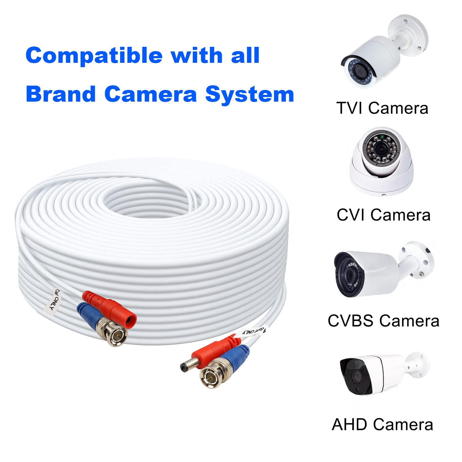 BNC Cable 200ft 2 Pack BNC Video Power Cable,Security Camera Cable for CCTV Camera DVR Security Systems(Included 4X BNC Adapters,1 Bag Cable Clips)-White