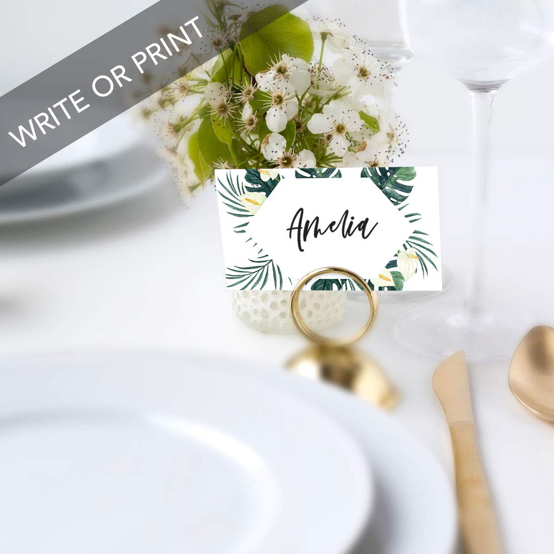 Andaz Press Tropical Geometric Monstera Palms Place Cards for Wedding Party Tables, Seating Name Place Cards for Holders, Premium Design, Wedding Decorations, 60 Pack, 2 x 3.5 Inches