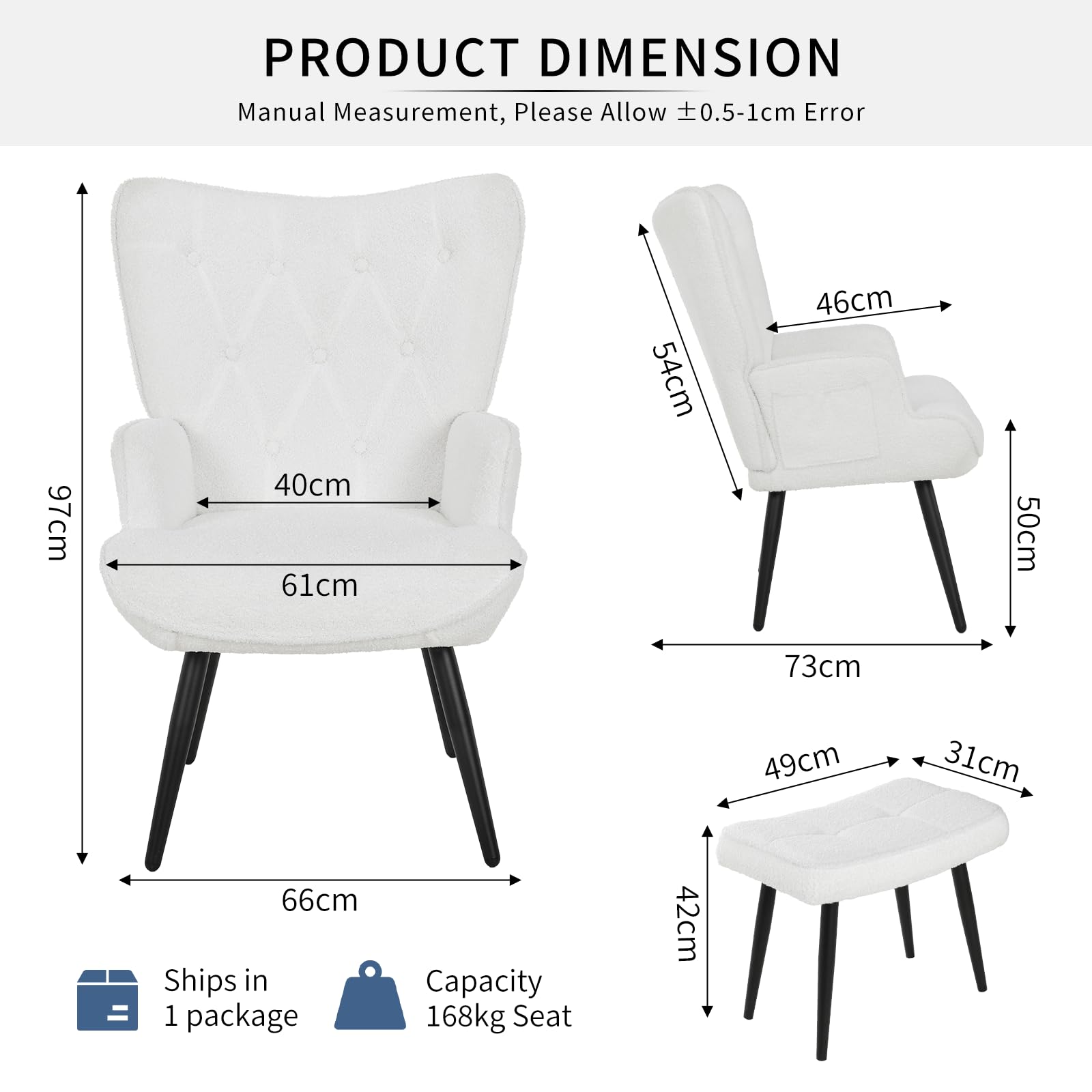 CLEVICH Ohrensessel - Gemütlicher Loungesessel mit Hocker, Lesesesselaus, Teddystoff Armchair für Wohnzimmer & Schlafzimmer - Bis 168kg, Weiß