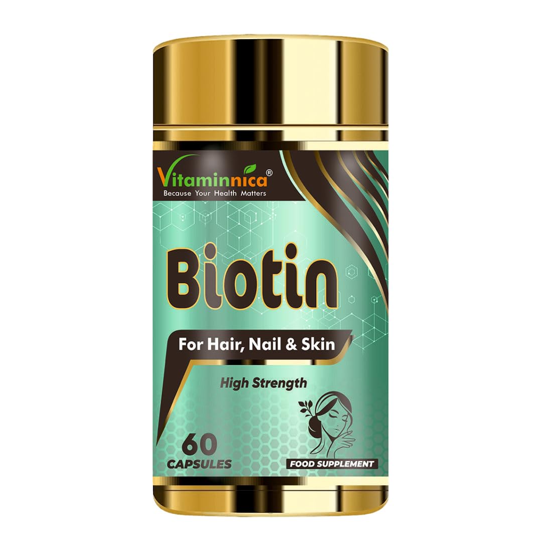 Vitaminnica Biotin 10000 mcg Vegetable Capsules - High Strength Formula - Supports Hair Growth, Glowing Skin, Energy & Vitality - Suitable for Vegans - Pack of 60-2 Months Supply