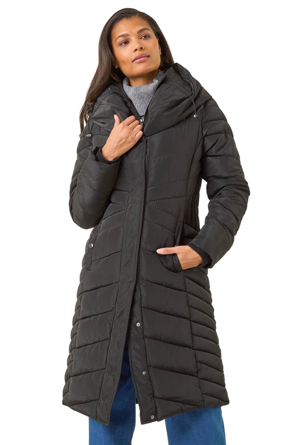 Roman Originals Women's Onyx Roman Padded Coat For Uk - Longline Puffer Winter Quilted Parka Waterproof Rainproof Wind Resistant Thermal Jacket Long Length Warm Zip Hood Puffa Cosy - Size 20