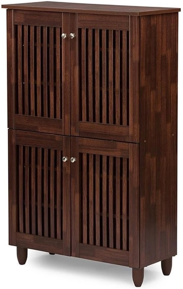 BOWERY HILL 3-Door Shoe Storage Cabinet, Engineered Wood, Oak Brown Finish, Metal Handle Pulls, Holds Up to 12 Pairs, Sleek Modern Design, Wide Entryway Storage Solution