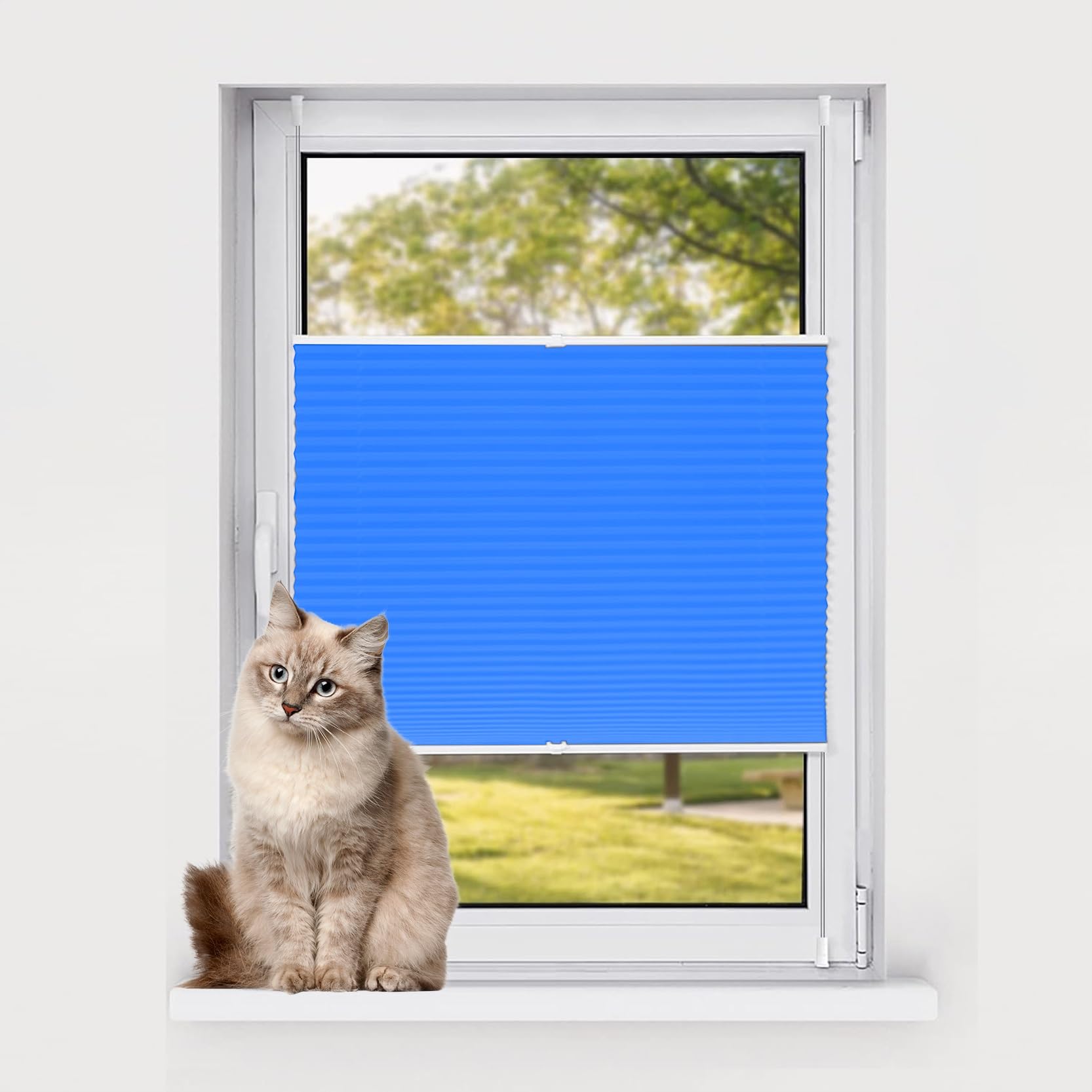 Pleated Roller Blinds 35 x 90 cm Translucent Crushed Look Self Adhesive Blinds Easy to Install All Assembly Parts Included for Living Room, Office, Blue