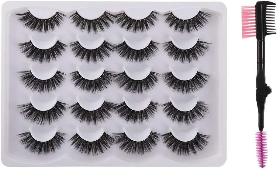 3D Mink False Eyelashes Full Strips Thick Cross Long Lashes Wispy Fluffy Eye Makeup Tools 5 Pairs (10 Pairs-Q7 +1 Comb Set)
