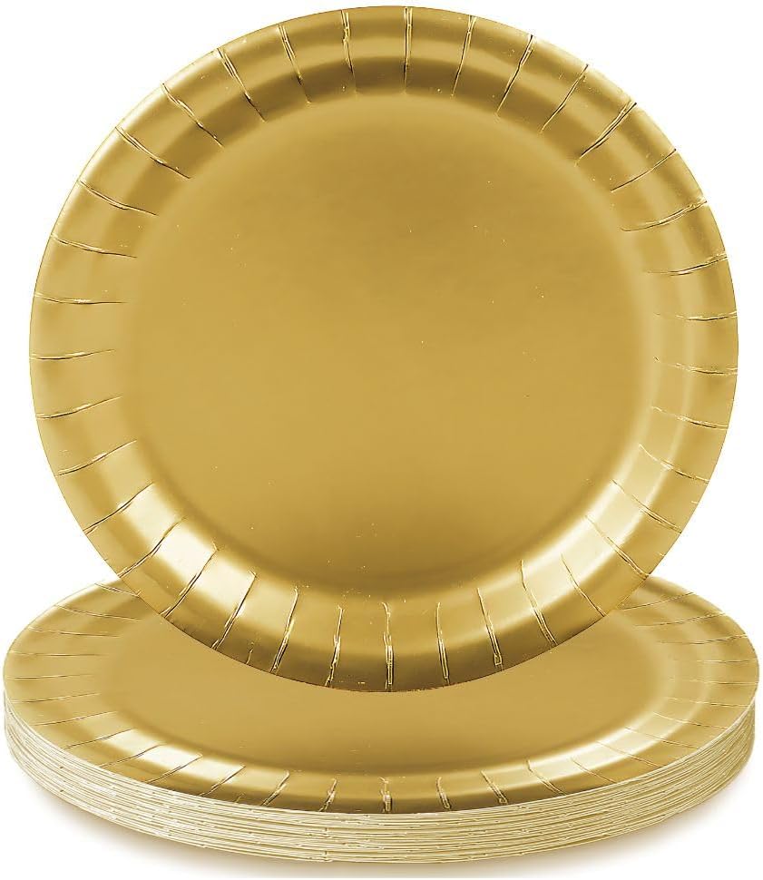 Fun Express Metallic Gold Paper Dinner Plates - Metallic Gold Disposable Dessert Paper Plates - Tableware Decorations for Birthday Wedding New Year Events Baby Shower - Party Supplies - 24 Pieces