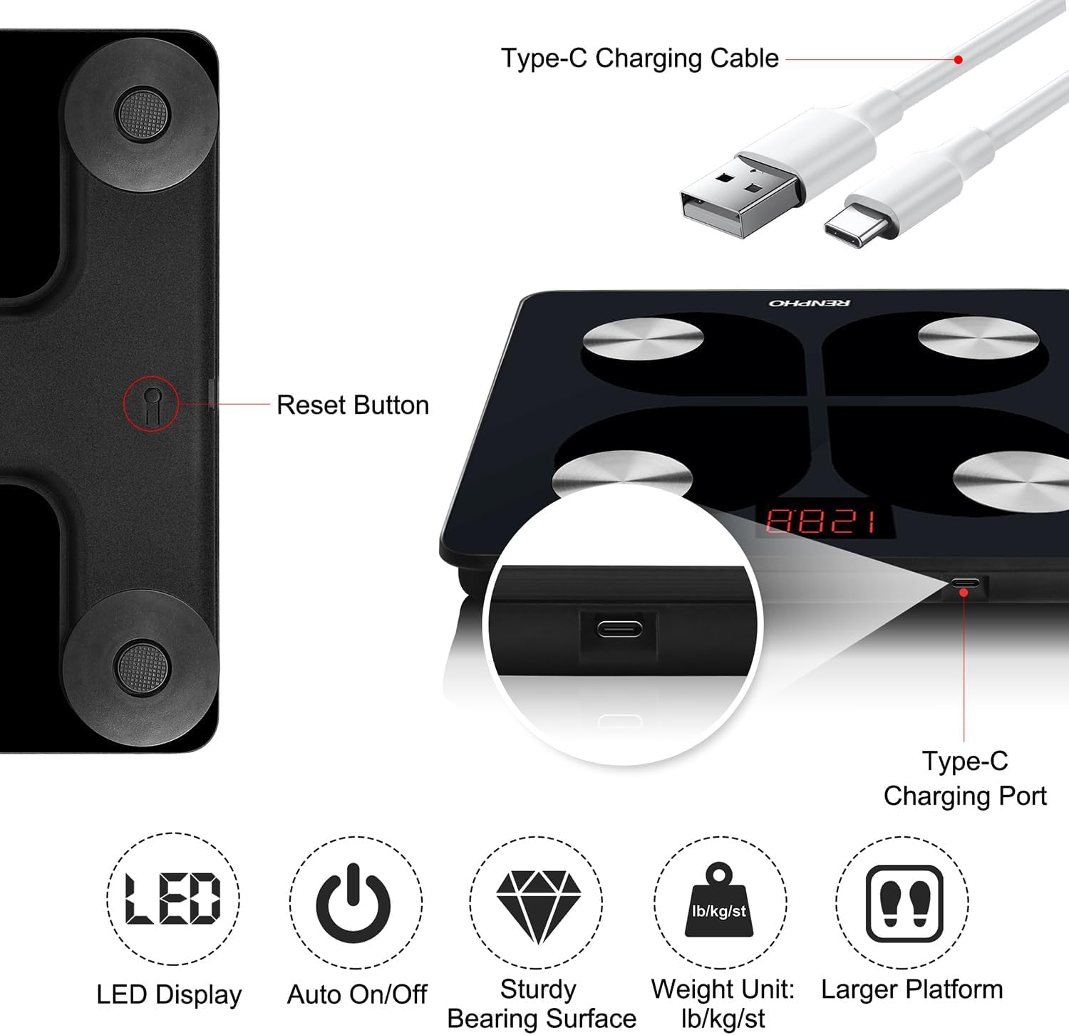 RENPHO Elis 1 Bilancia Bluetooth per Grasso Corporeo, Bilancia Digitale Intelligente IMC Bilancia Pesapersone Bagno, Ricarica USB Analisi Composizione Corporea con App