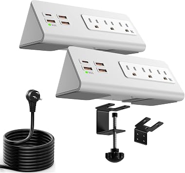 Upgraded Version Edge Mount Power Strip with USB-C Ports Tabletop Surge Protector Desk Clamp Power Sockets with 3 AC Outlets &4 Fast Charging USB Ports for Home Office Hotel Dormitory White- 2pack