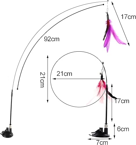 Miniatura 6 de Juguetes interactivos de plumas para gatos, Dorakitten Cat Potente ventosa de mano, varita teaser de mano y 5 plumas de repuesto con campana para