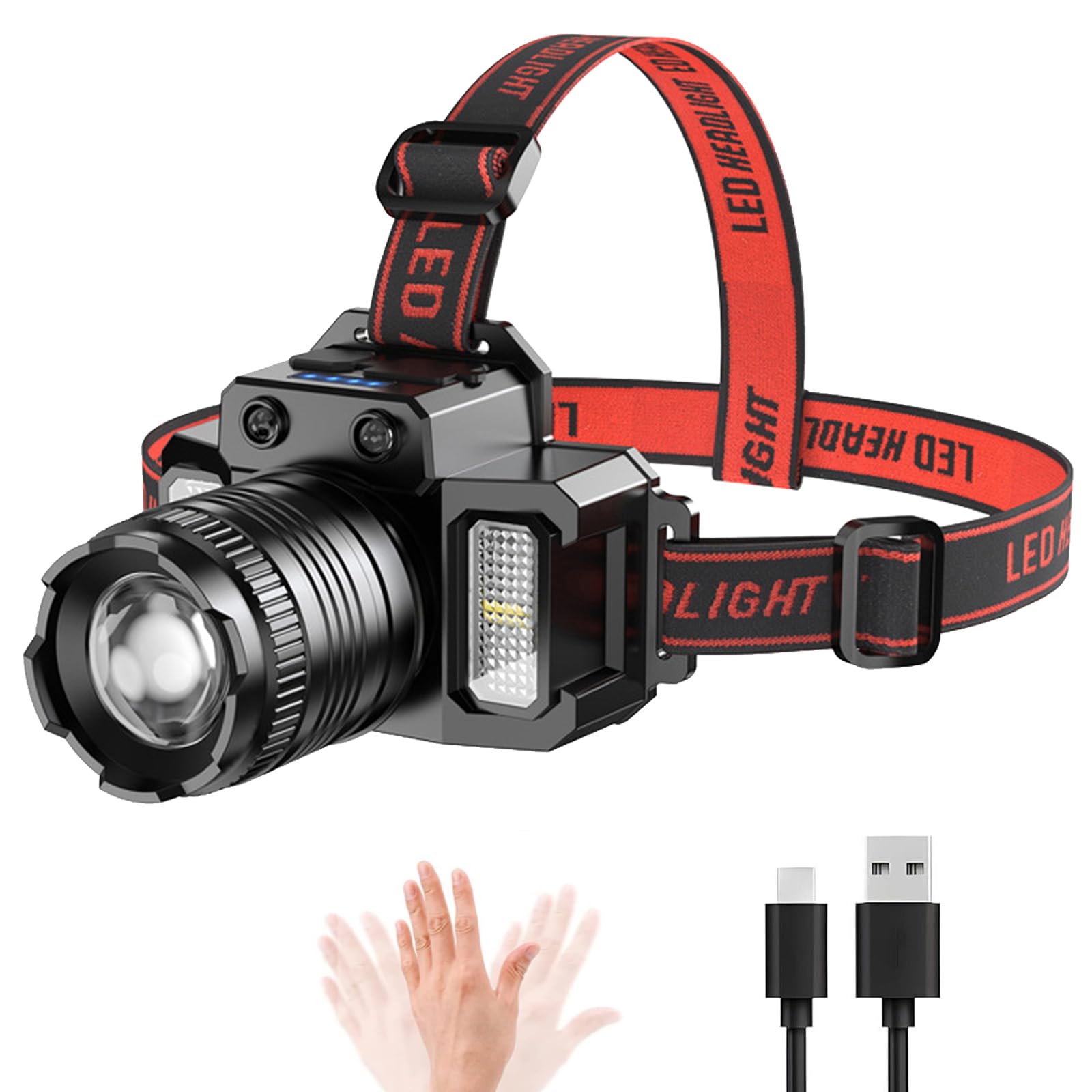 Wrrozz Stirnlampe Wiederaufladbare Stirnlampe LED, Super Hell Bewegungsmelder Kopflampe mit Rot/Weiß/Blau Licht, Wasserdicht Erwachsene Stirn Taschenlampe Scheinwerfer für Camping, Laufen, Wandern