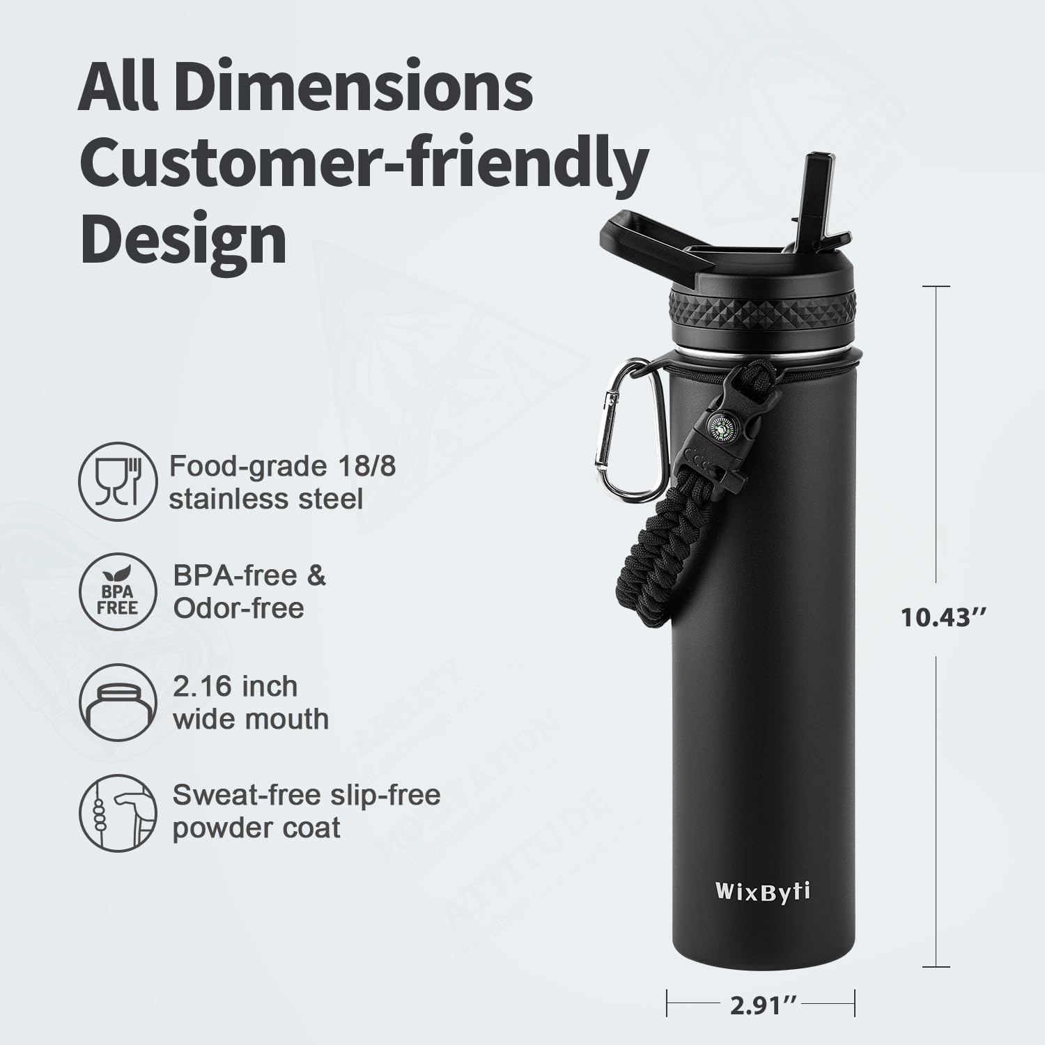 24 oz Insulated Water Bottle with Straw (Cold for 48 Hrs), Stainless Steel Triple Wall Vacuum Sports Water Jug, Leakproof Hydro Cup Flask with Paracord Handle & Straw Spout Lids & DIY Stickers - Image 6