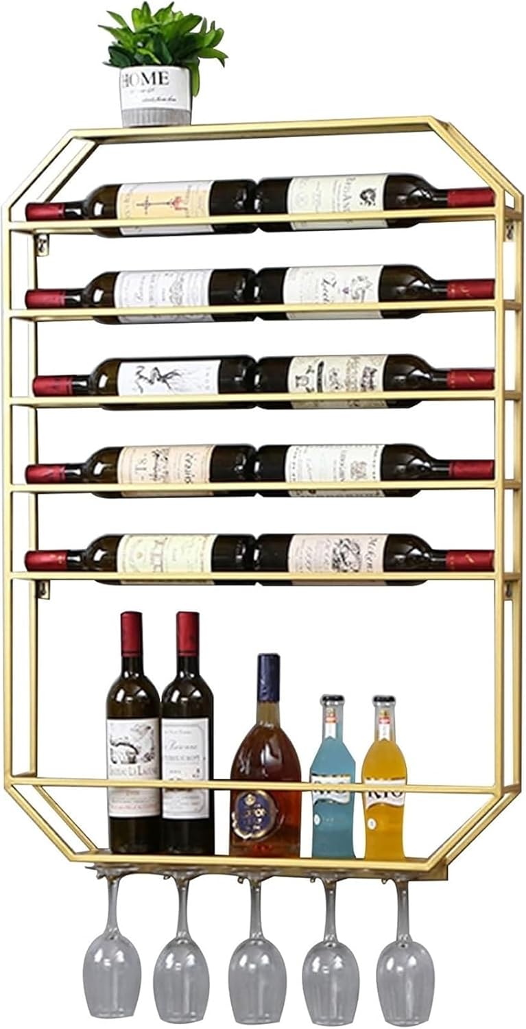 Gold Wall Mounted Wine Rack Shelf with Hanging Wine Glass Holder Liquor Display Cabinet for Home Bar