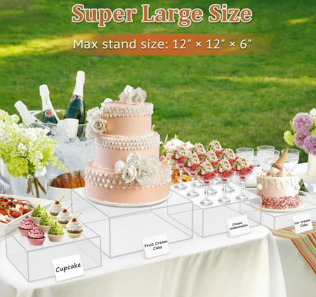 SUNEZLGO 8 rialzi per buffet, grandi alzate per alimenti in acrilico con mini cartelli, espositori per tavolo da buffet in acrilico trasparente, per feste, catering, dessert, gioielli, con fondo cavo