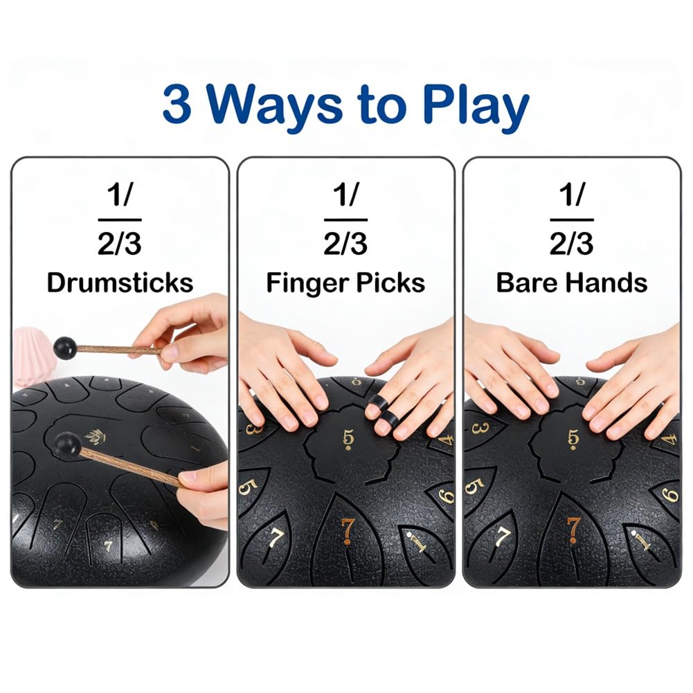 Steel Tongue Drum 6 Inch 11 Notes, G Tone Healing Hand Pan Drum, With Carry Bag, Music Book, Mallets, Finger Picks, Stickers for Beginner(Navy blue)