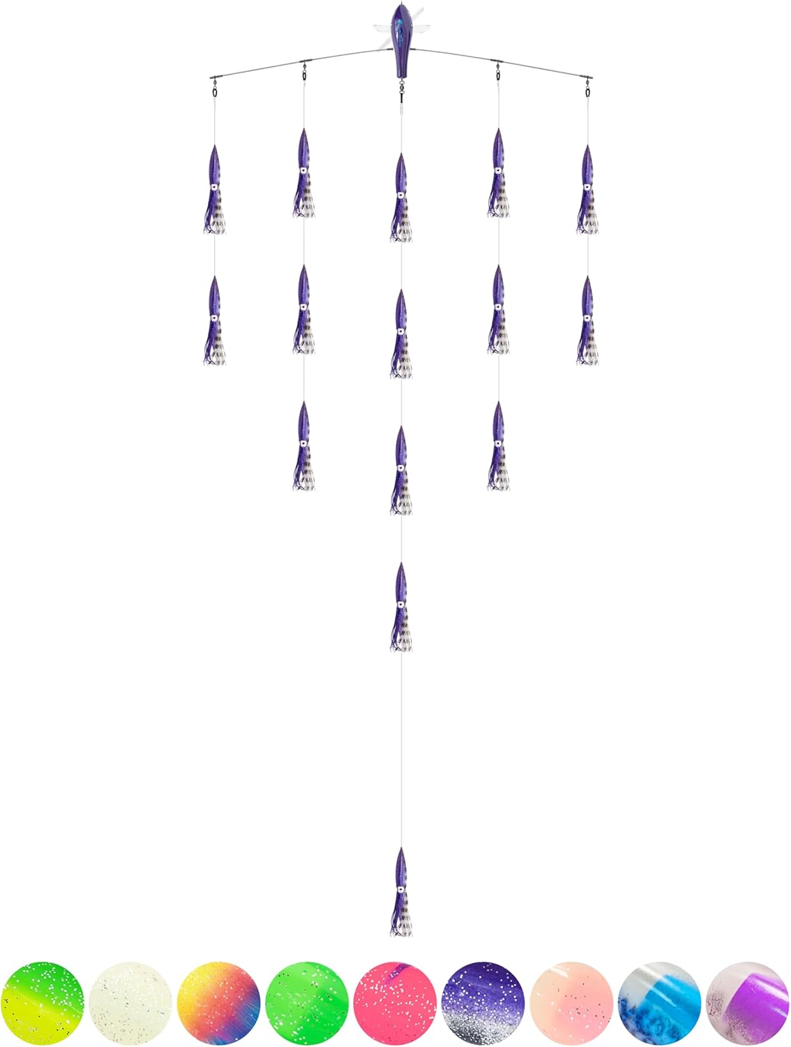 BLUEWING 18"/36" Fishing Spreader Bar Splasher/Port/Starboard Walker Offshore with 6in/9in Floating Squids, Trolling Birds and 316 Stainless Steel Rod for Wahoo Tuna Marlin Mahi, Includes Mesh Bag