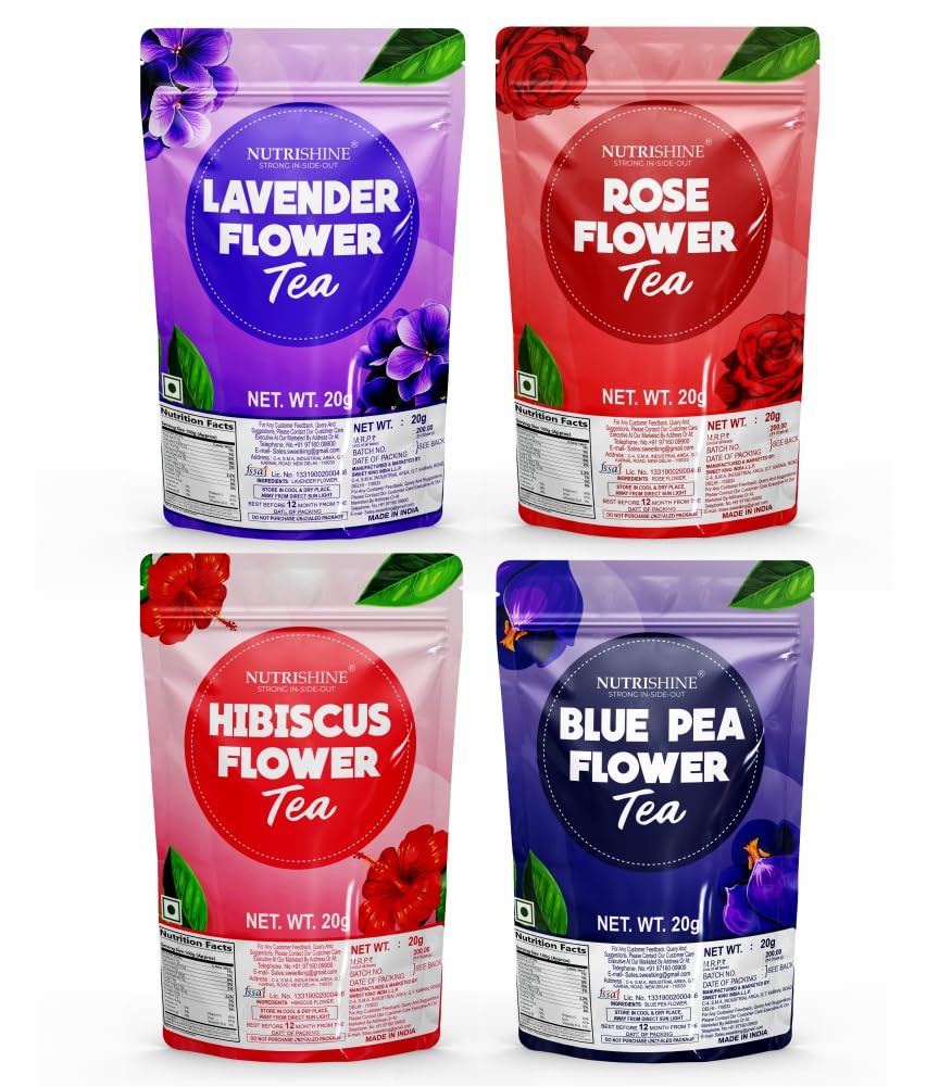 NUTRISHINE Organic Hibiscus Flower, Butterfly Pea Flower, Rose Flower, Lavender Flower Combo 20gm (20gm x 4 Pack) | Caffeine Free Herbal Flowet | Premium Tea Combo | Antioxidant (B0D47HM3CP) Amazon Price History, Amazon Price Tracker